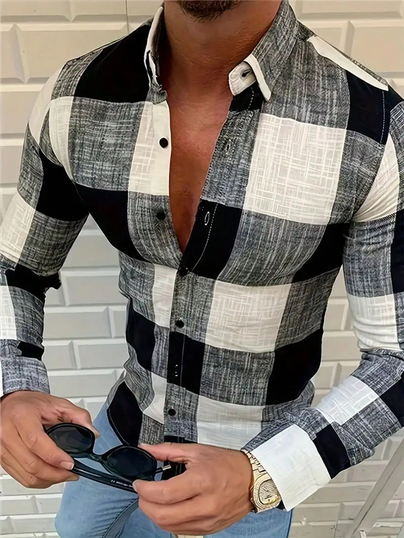 

Men's Patchwork Plaid Long Sleeve Casual Shirt - Black Gray White