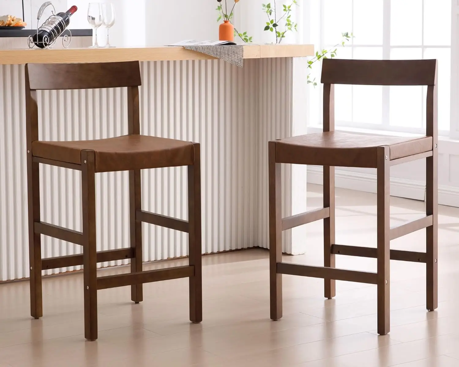 

Modern Farmhouse Bar Chairs Set Mid-Century Faux Leather Kitchen Counter Height Open Back Wood Legs Brown