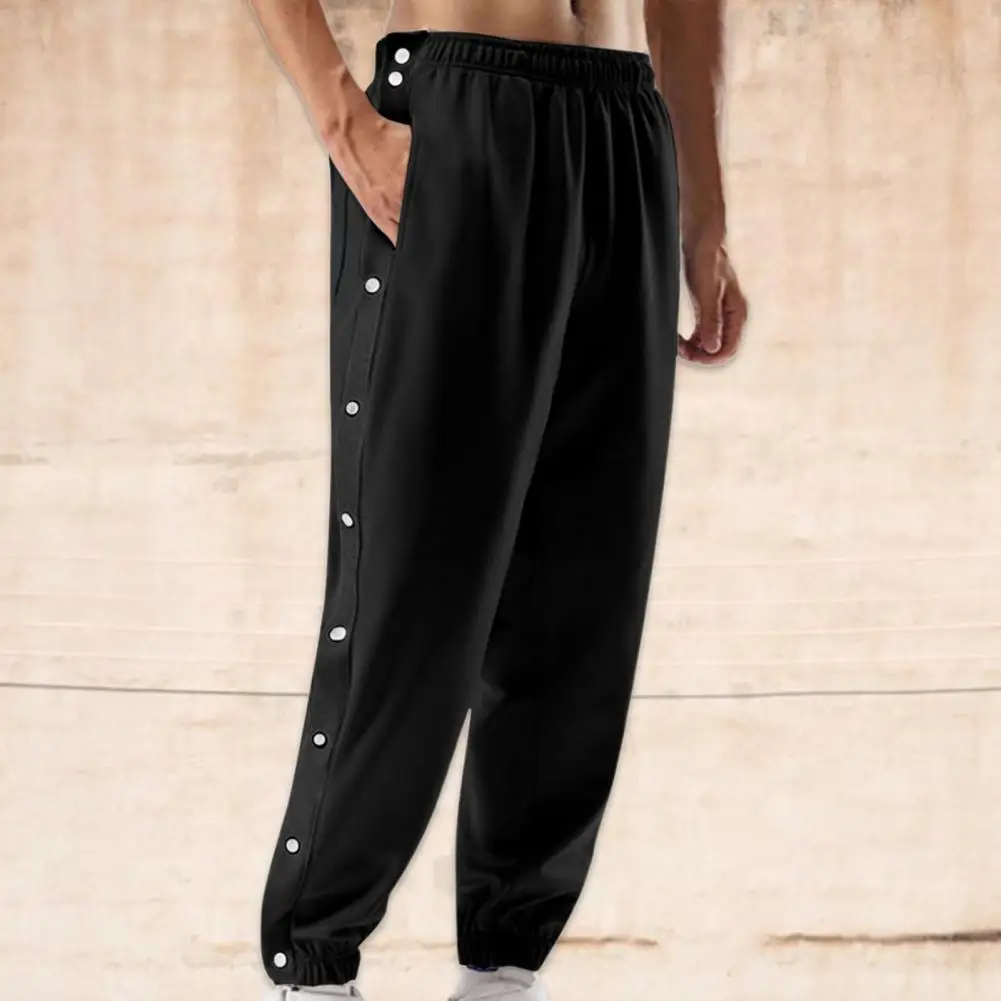 Men Sweatpants Mid-Rise Elastic Waistband Pockets Casual Trousers Patchwork Color Side Button Placket Basketball Pants