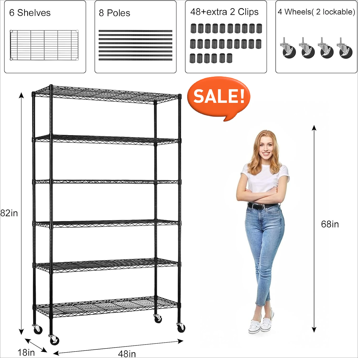 

6-Tier Storage Shelves NSF Certified Wire Shelving Unit on Wheels Heavy Duty Metal Shelves Adjustable Steel Shelving 2100Lbs