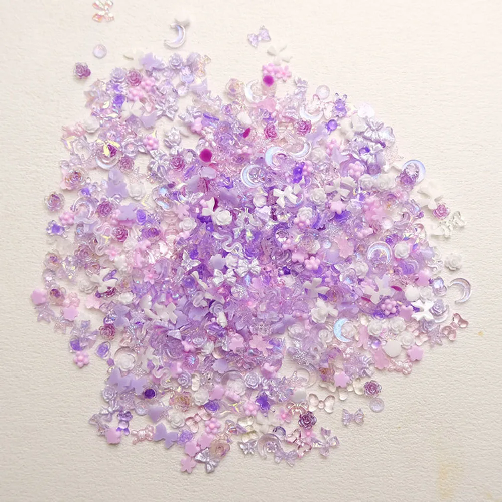 50pcs 3D Resin Nail Charms Butterfly Purple Mixed Shape Flower Moon Bow Design Nail Charm Decoration Manicure Supplies Parts