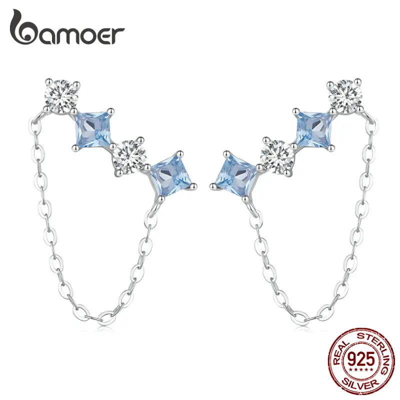 Bamoer 925 Sterling Silver Chain Pendant Stud Earring for Women  Delicate Zircon Hoop Earring drop Earings Birthday Jewelry Gift