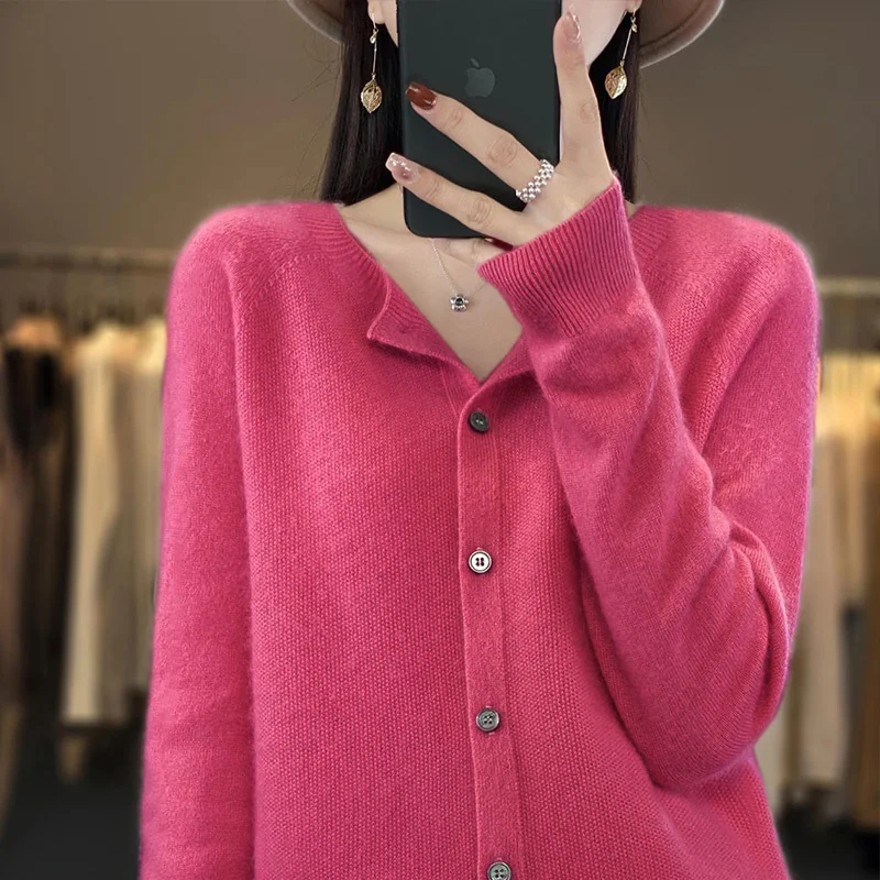 New Fashion Spring Pure Merino Wool Women's O-neck Cardigan Cashmere Sweater Female Clothing Grace Knitwear Lady Korean Tops
