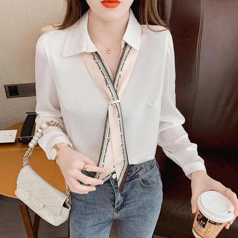 Elegant Chic Bow Tie Office Lady Business Casual Shirts Spring Autumn Fashion V Neck Long Sleeve Chiffon Top Blouse Women Blusas