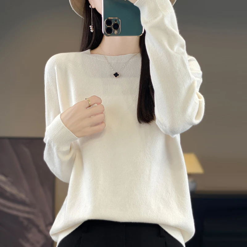 2024 Autumn/Winter New Knitted Fashion Versatile Round Neck Bottom Woolen Sweater Looks Thin Pure Wool