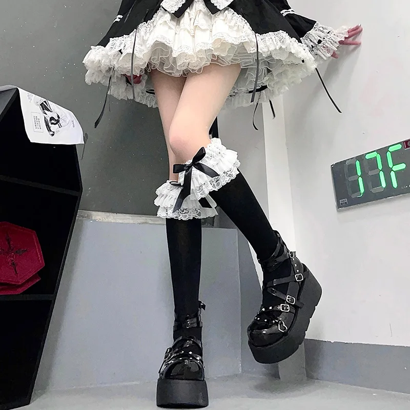 Vrouw Leuke Zwart Wit Kant Lolita vrouwen boog Sexy Fluwelen Kalf Sokken Cosplay Anime Ruffle JK Kalf Sokken