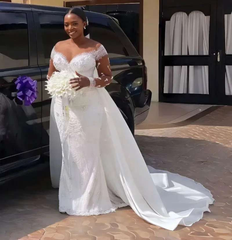 Customized Sheer Neck Fully Beads Crystals Wedding Dress with Removable Skirt Robe De Mariée  Long Sleeves Elegant  Bridal Gown