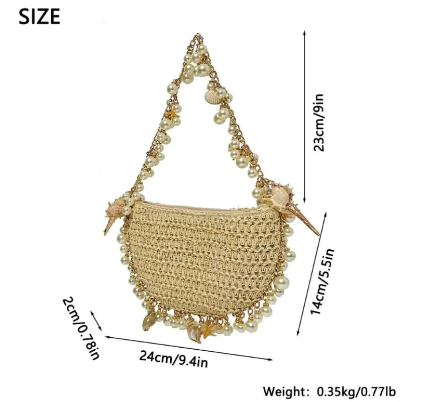 Handmade Pearl Conch Straw Woven Bag For Women Summer Holiday Beach Wrapped Handbags Ladies Handheld Crossbody Bags Totes Hobos view 6