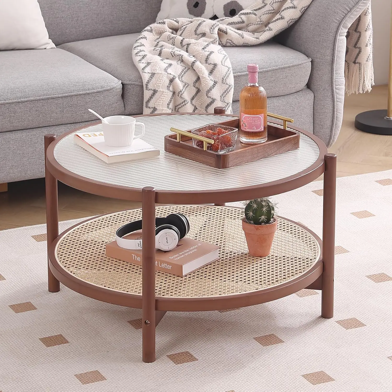 Tiita Rattan Coffee Table, Large Round End Table, 27.6 Inch Modern Side Table, Living Room Side Table, Glass Sofa End Table For