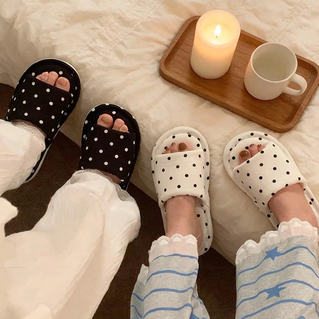 Women's House Fur Slippers Casual Fashion Stripe Design Blue White Cute Lovely Indoor Non-slip Warm Soft Soles Comfy Home Light view 3