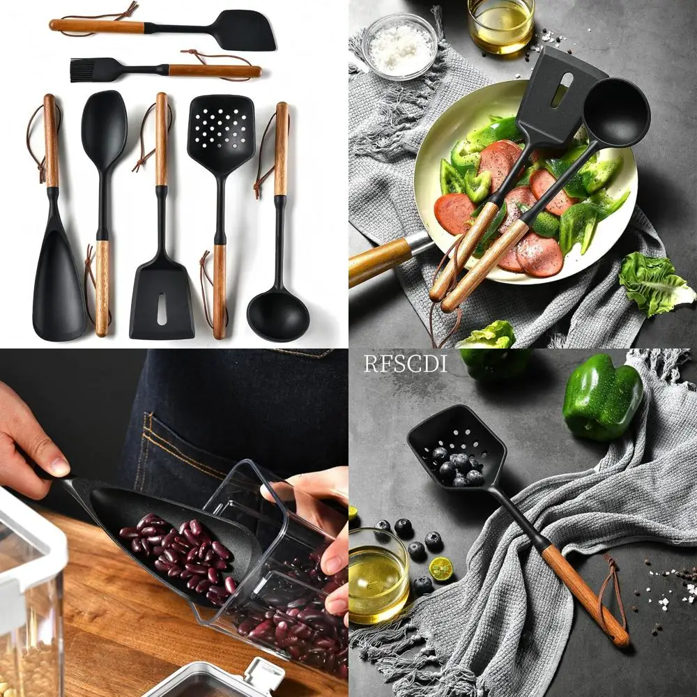 

premium silicone cooking utensils set - non-toxic, heat-resistant kitchen utensils set with food-grade silicone & wood handles -