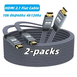 2-pak 8K HDMI Płaski kabel 48Gbps Szybki 8K60 4K144Hz Pleciony przewód HDMI 2.1 3D eARC HDCP 2.2&2.3 Kompatybilny z Roku TV/PS5