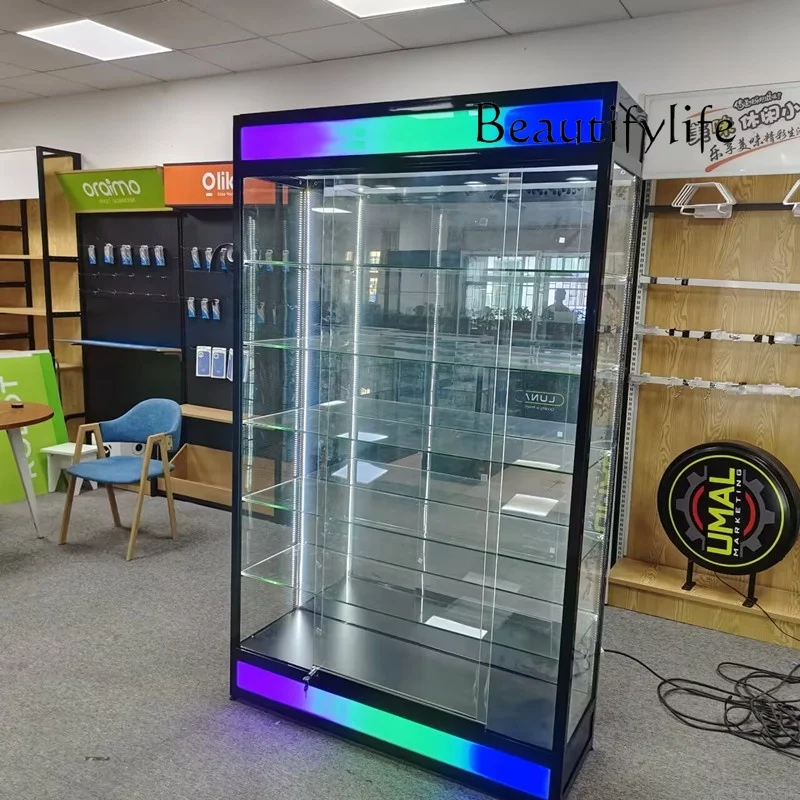 

Custom, New Design Smoke Store 5 Glass Shelves Wall Cabinet Glassware Display Showcase with Flash Light