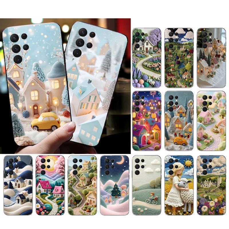 

Phone Case For Samsung Galaxy S25 S24 S23 S22 S21 Ultra S24 S23 S22 S21 S25 Plus S24 S25 FE Cozy Crochet Winter Village Art
