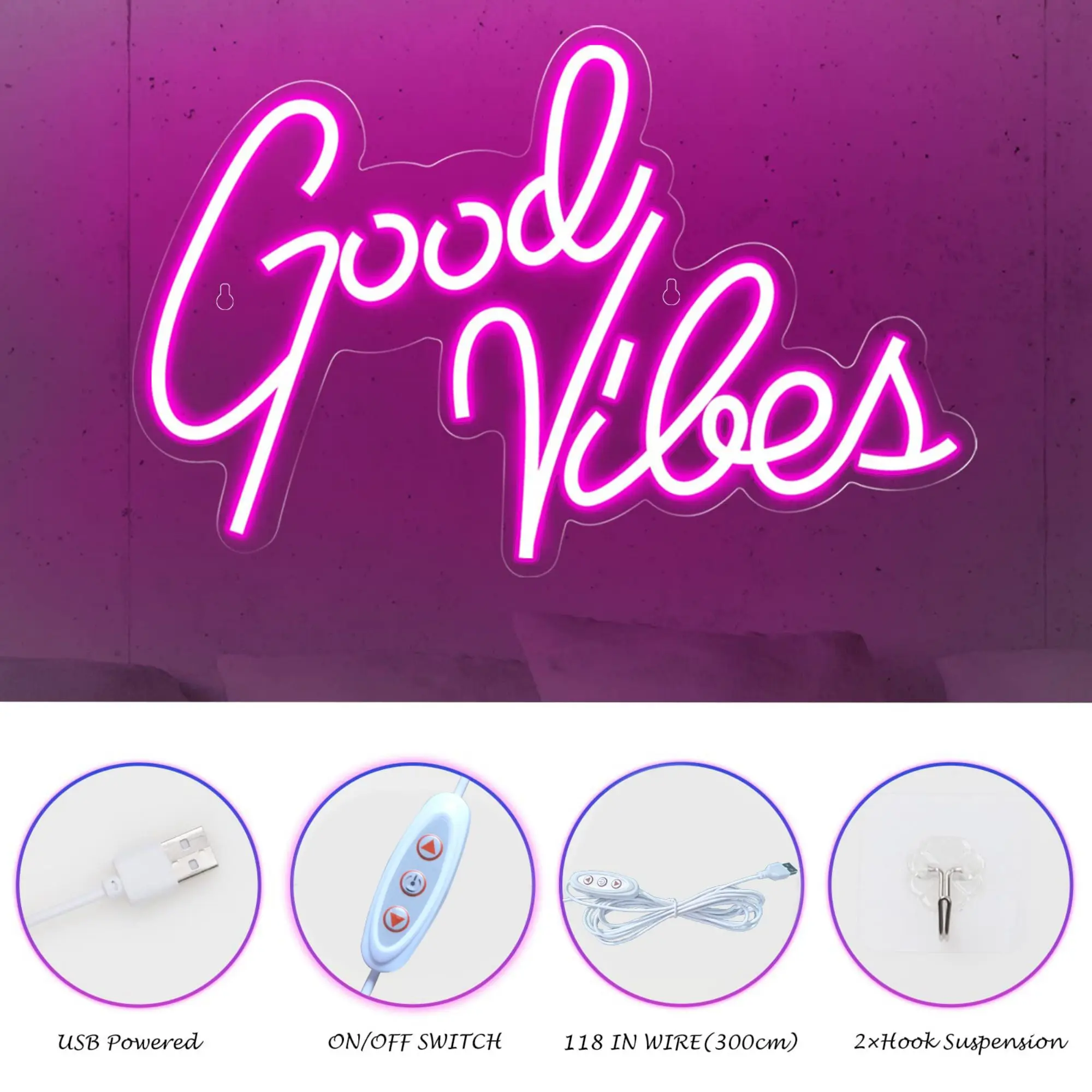 Good Vibes Neon Sign for Wall Decor, Pink Neon Lights for Room & Party Decor, USB Powered Neon Lights Signs for Lover, Friends