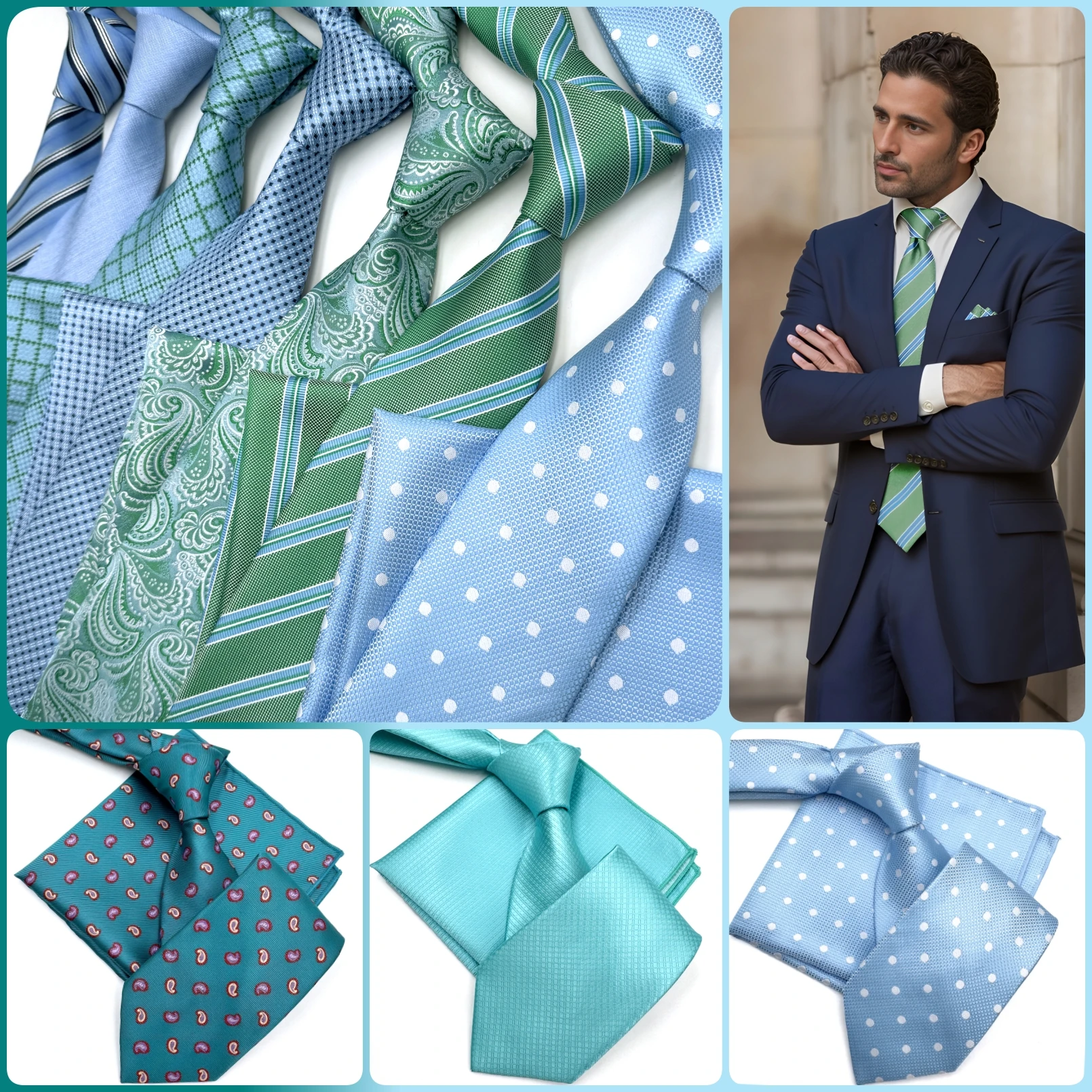 Light Blue Fashion Mens Pocket Square Tie Set Classic Business Green Acceossories Handkerchief