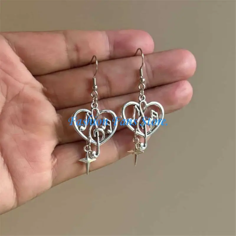  Elegant Openwork Heart Music Note Necklace Dangle Earrings with Charm Unique Jewelry Alloy Texture for Fashion Women