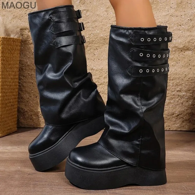 

Женские ботинки на высоком каблуке на платформе, модные черные ботинки до середины икры с пряжкой и ремешками, женские ботинки из искусственной кожи на платформе, Botas Mujer, толстая подошва