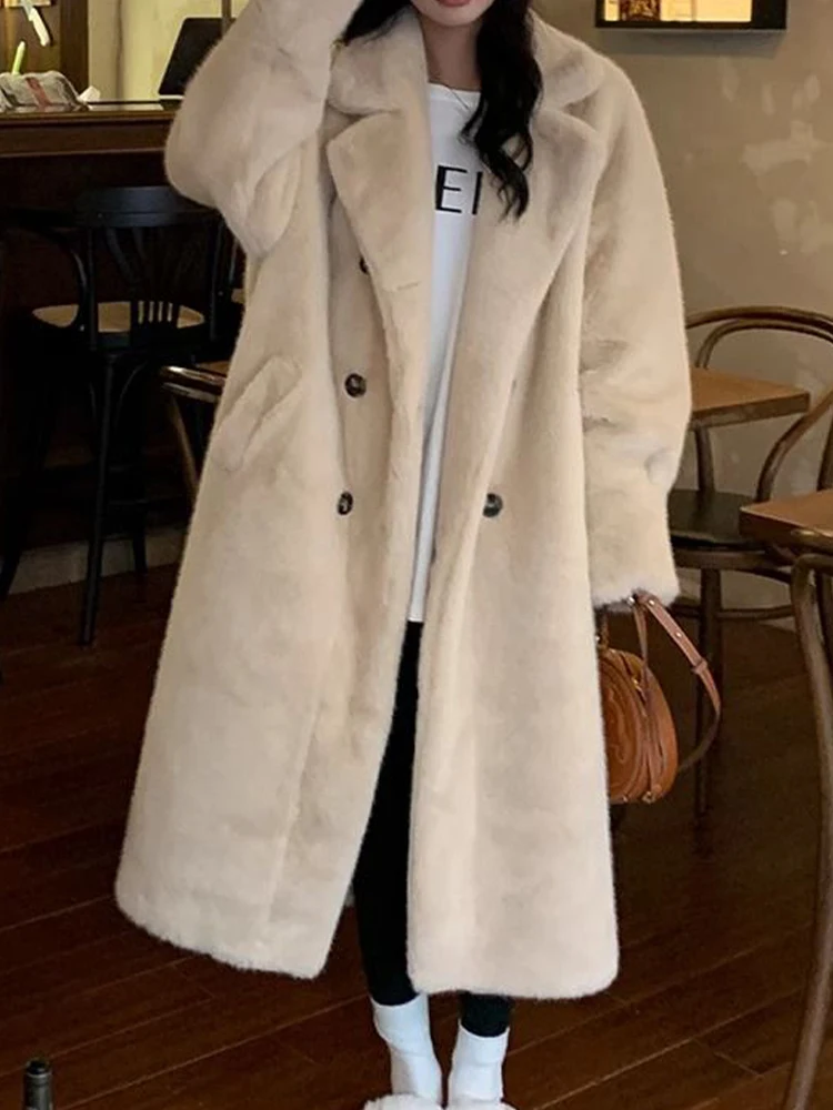 Winter Long Jacket Women Korean Fashion Thicken Warm Faux Fur Coat Female Casual Loose Double Breasted Lapel Plush Outerwear