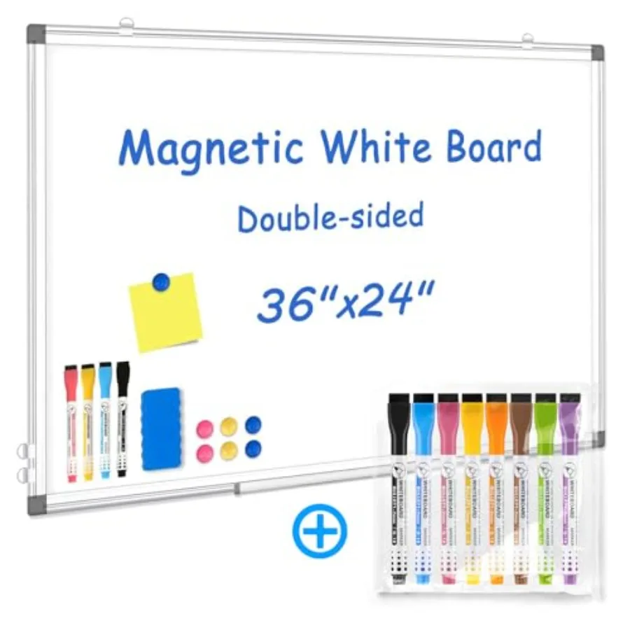 

Double-Sided White Board Plus 8 Count Markers Bundle 36" x 24" Dry Erase Board Magnetic Whiteboard for Wall, Hanging Mounted Wh