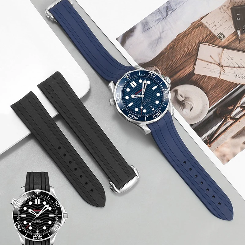 

Rubber watch strap For Omega New Seamaster 300 Watchband High-Quality Watch Band Folding Clasp Curved End Watches Accessories 20