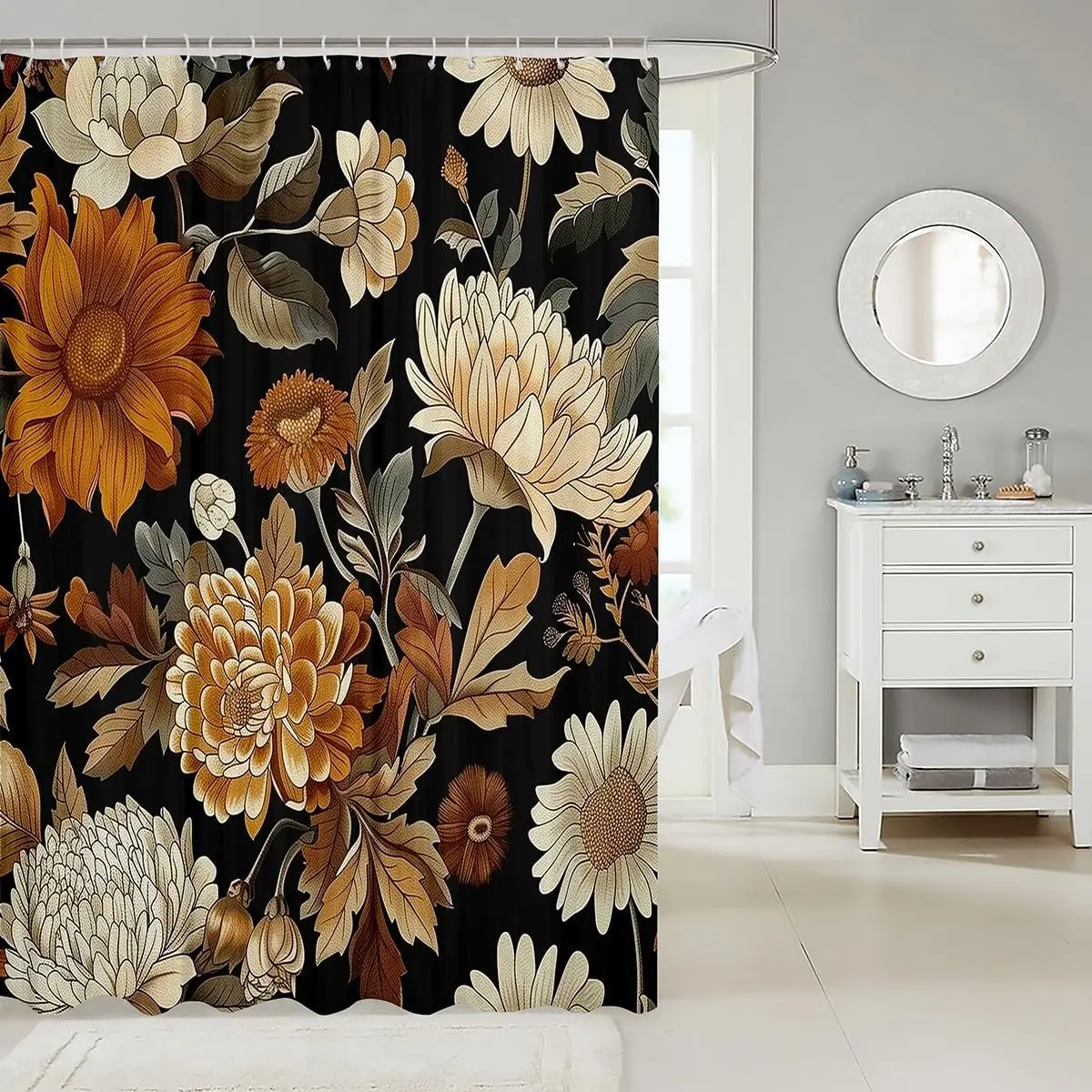 Shower Curtain Floral Botanical Autumn Gold Leaves Pattern Bathroom Decoration Luxury Vanity Shower Curtain 72x72 Inches