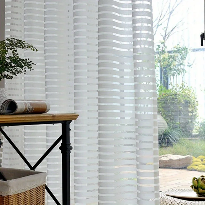 European simple pastoral white striped gauze curtains living room bedroom curtains