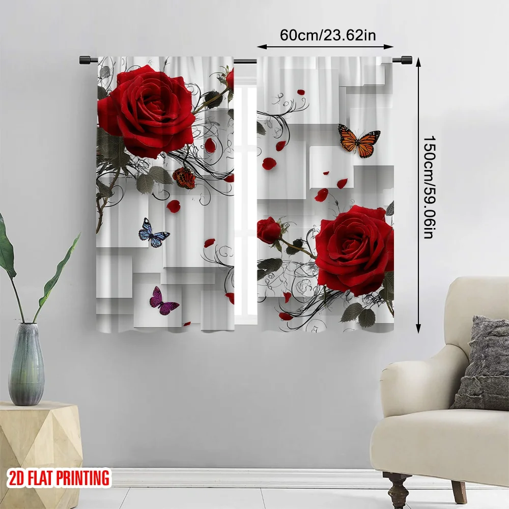 2pcs 2D flat printing Window Curtains Red Rose Butterfly Cubes Digital Printed Polyester Drapes Holiday Decorations Use