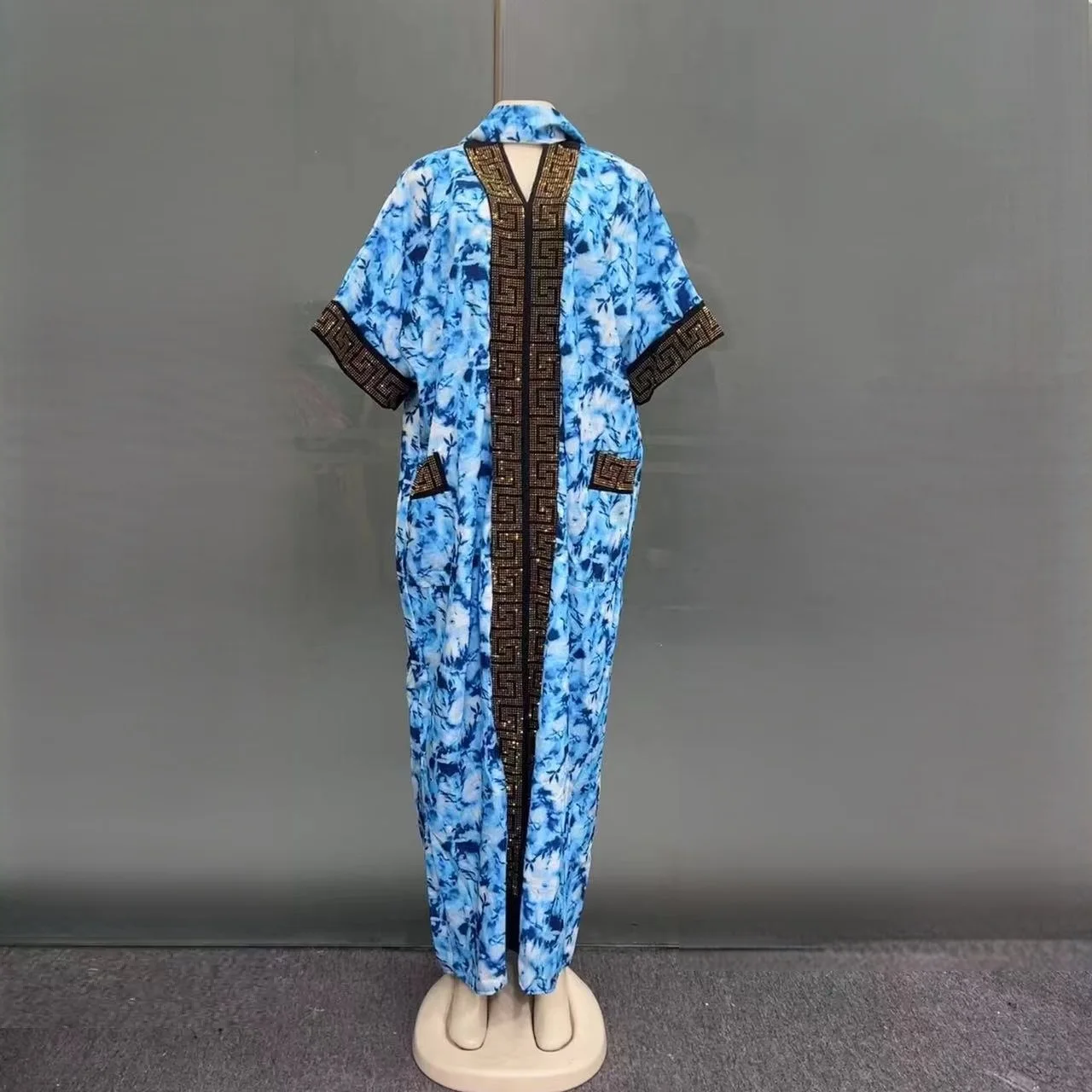 2025 Новая мода Ближневосточного Бобу, хит продаж, свободное мусульманское африканское летнее женское платье с бриллиантами и принтом, с боковыми карманами