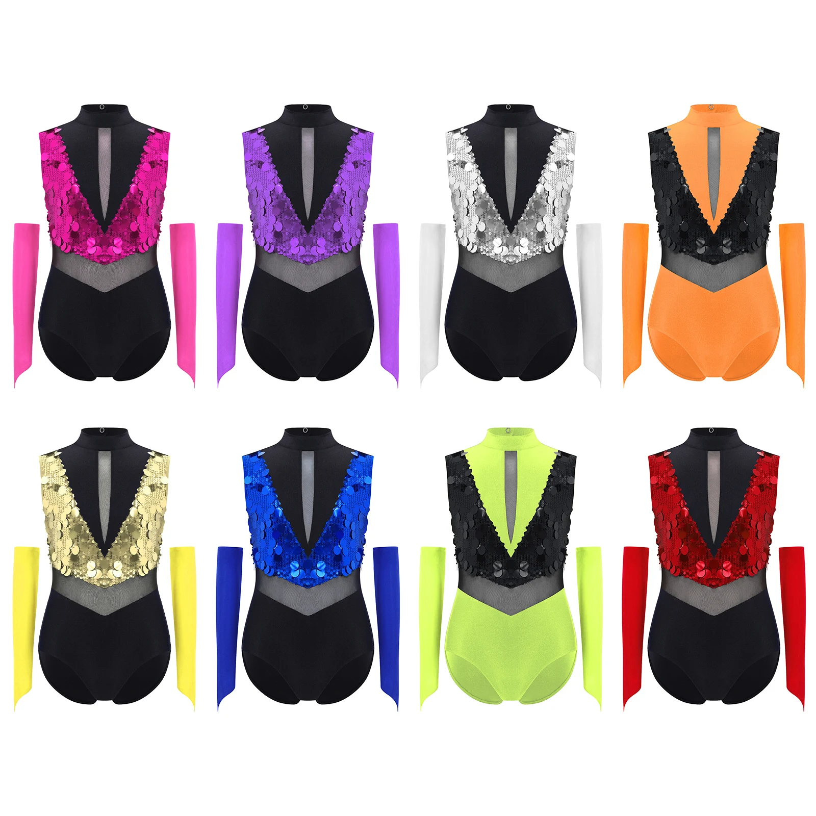 Kinder Mädchen Jazz Latin Dance Trikot Gymnastik Performance Outfit Ärmellos Ausschnitt Farbblock Glänzende Pailletten Body + Handschuhe