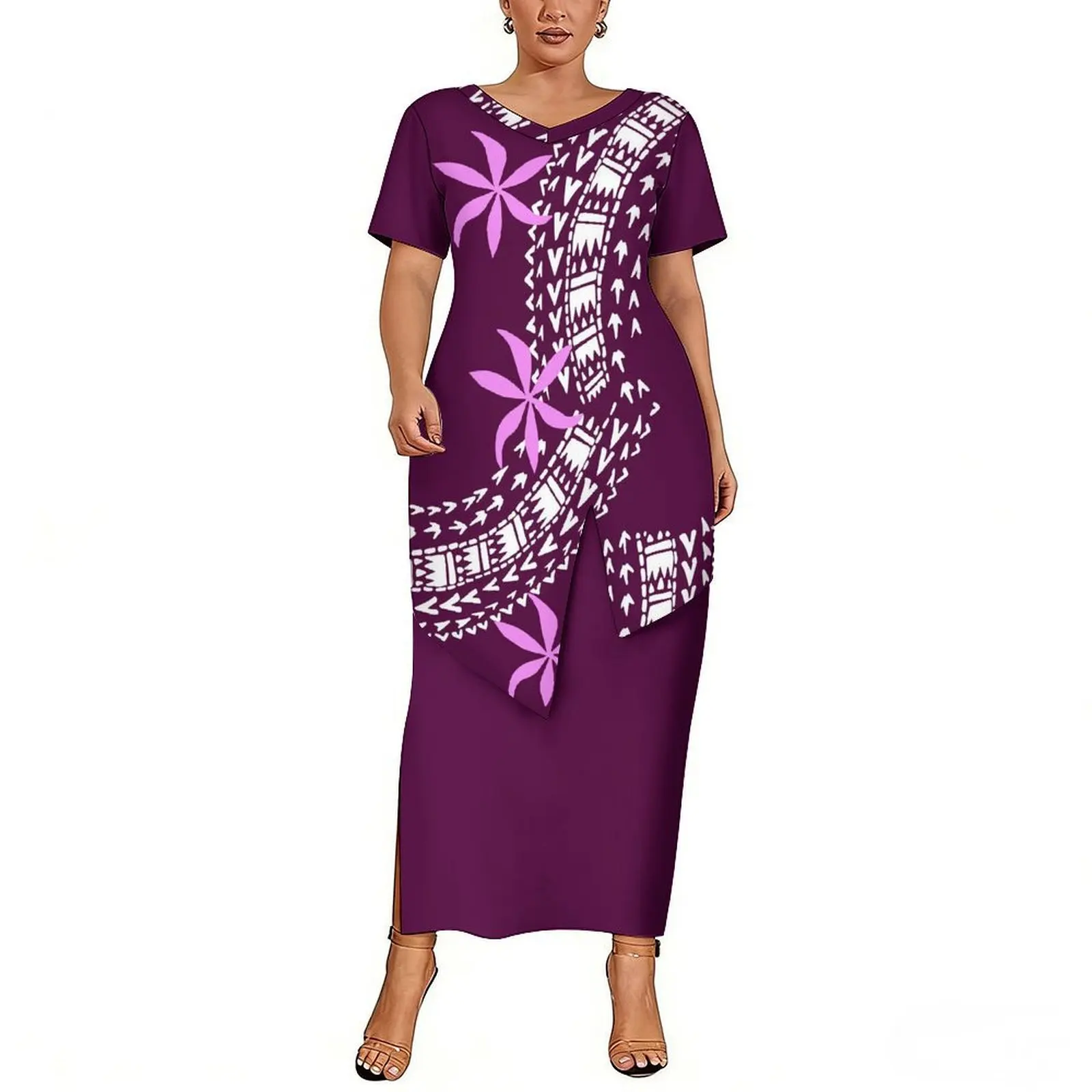 Tribal Designed Custom Pattern Printed Polynesian Women'S Skirt With A Train Hem And V-Neck Short Sleeves Puletasi 2-Piece Set