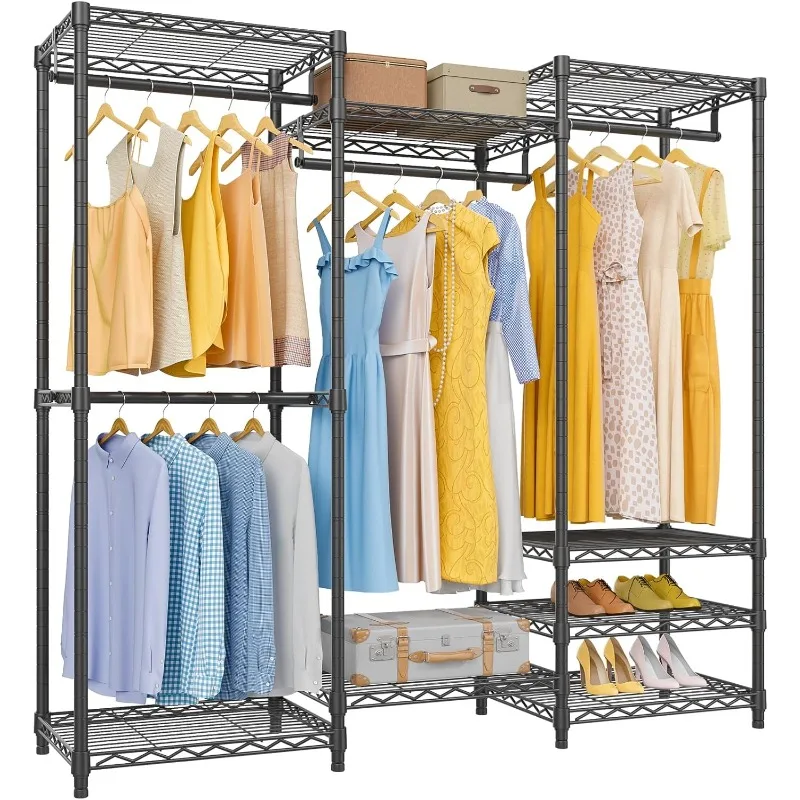 Medium Portable Closet Wardrobe Heavy Duty Clothes Rack, Freestanding Closet Metal Clothing Rack with 4 Hang Rods & 8 Shelves