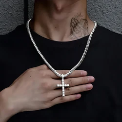 Men Women Hip Hop Cross Pendant Necklace With 4mm Zircon Tennis Chain Iced Out Exquisite Bling Jewelry Fashion Trendy Creative