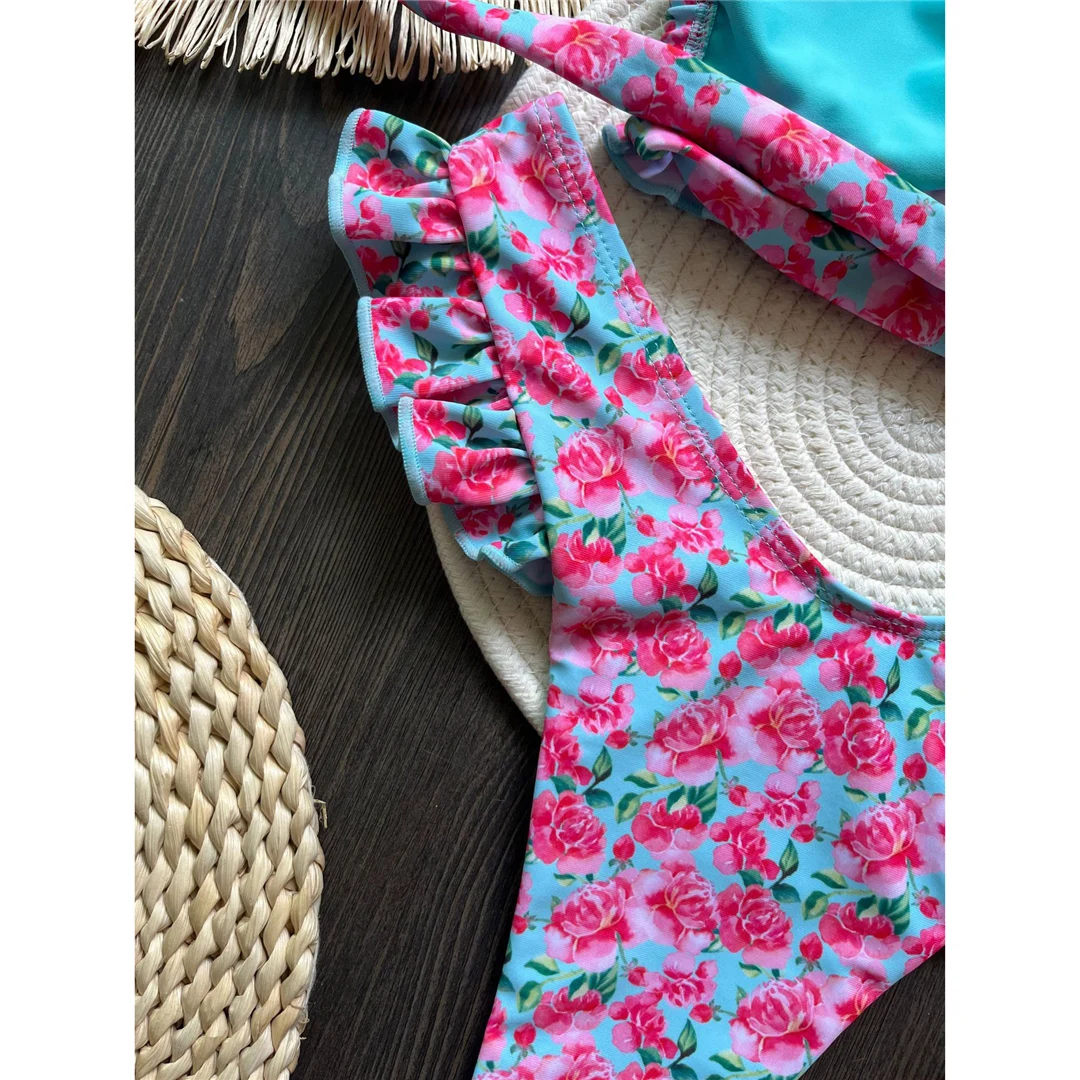 Sexy Blumenmuster, Rüschen-Bikini, Damen-Badeanzug, zweiteiliges Bikini-Set, Badebekleidung, Badeanzug, Modell V6044. – Detail 11