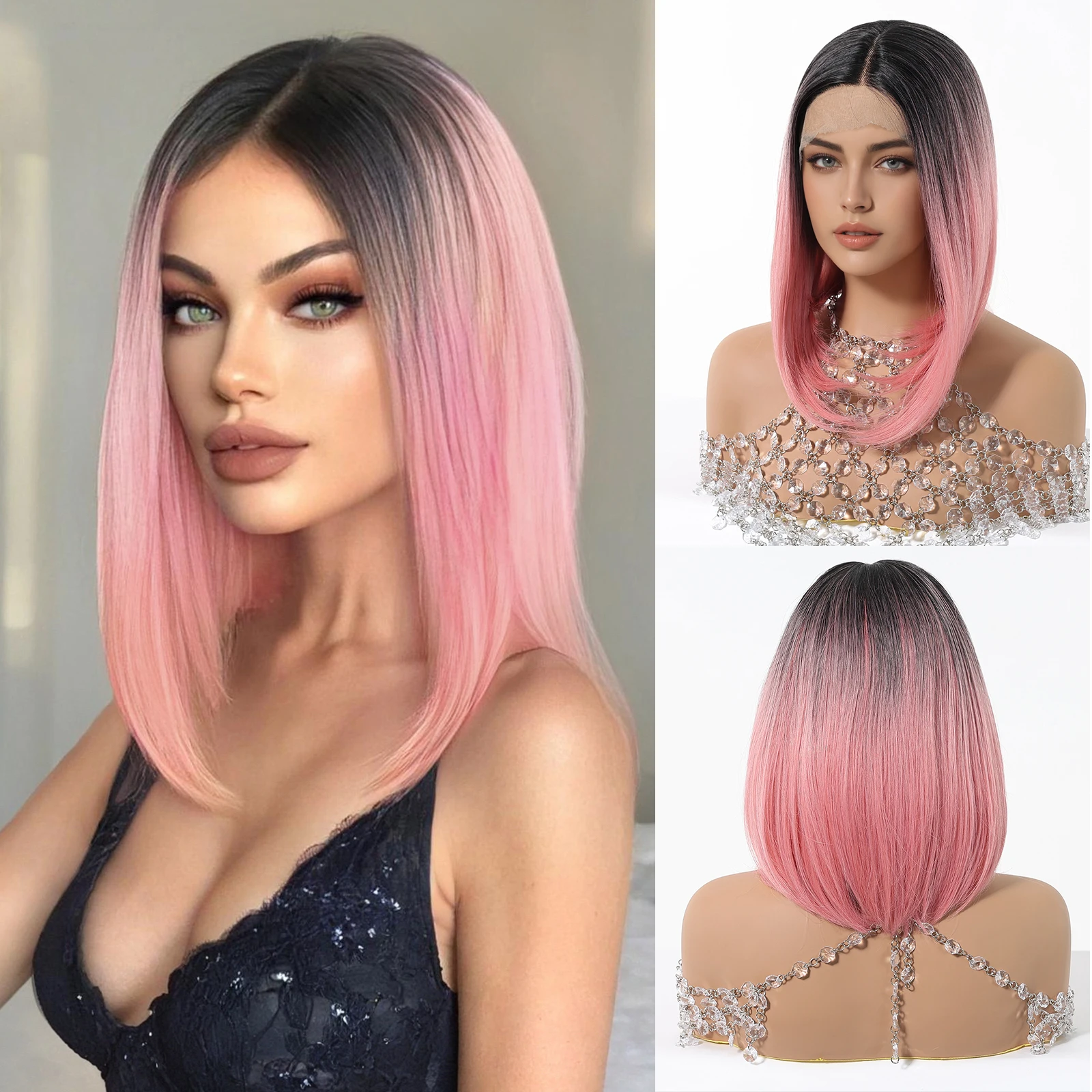 

Pink Straight Synthetic Lace Wigs for Women Medium Length Pink Wigs With Black Roots Ombre Black Pink Natural Hair Wigs Daily