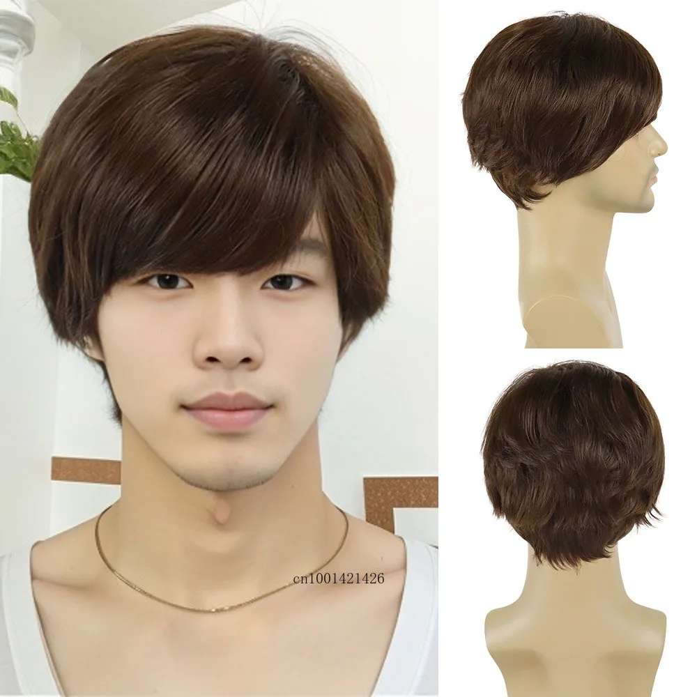 Synthetic Male Wigs Short Haircuts Brown Color Natural Wig with Bangs Straight Hair Daddy Wig Cosplay Halloween Costume Daily