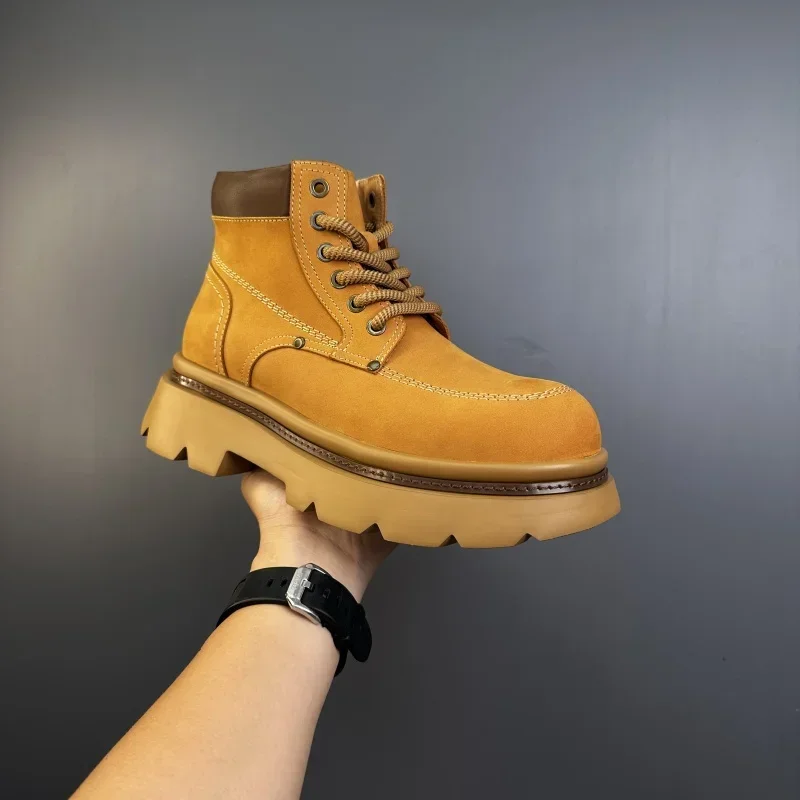 

Autumn and Winter New Men's High Top Boots with Genuine Leather and Thick Sole, British Retro Workwear Boots