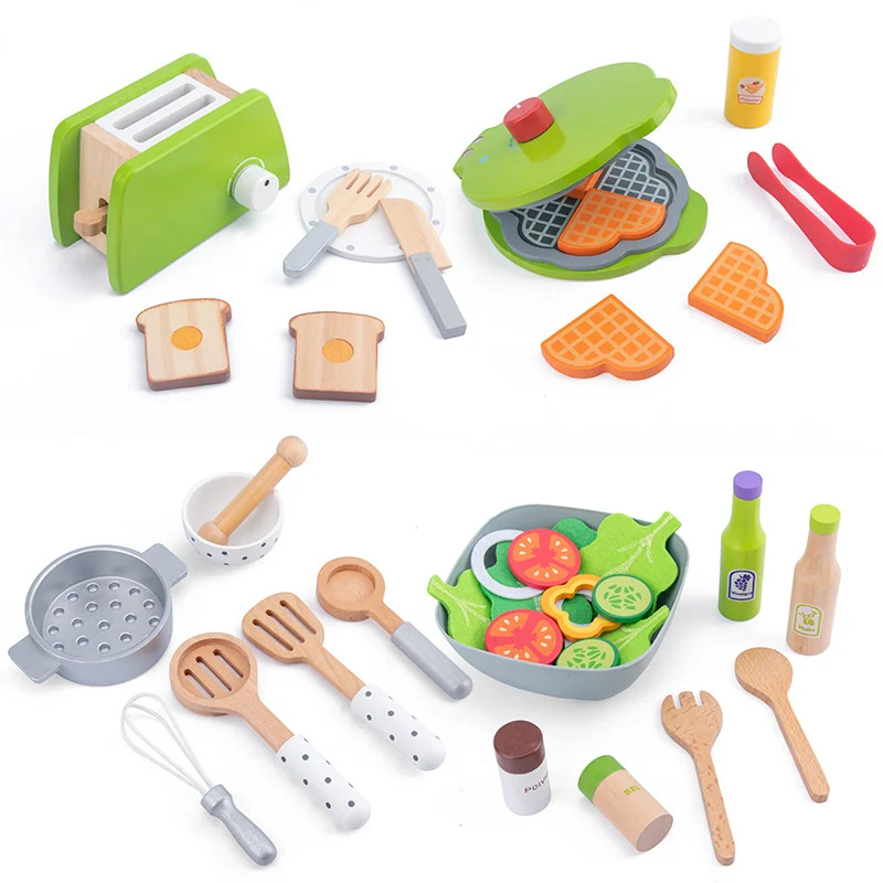 Wooden Simulation Toaster Salad Vegetable Children's Kitchen Toys Boys and Girls Play House Cooking Kitchen Set