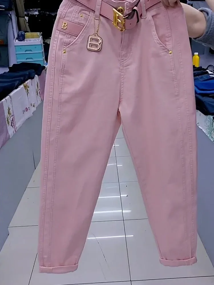 Jeans rosa de cintura alta feminina, calça solta, alta qualidade, novo, primavera e outono, 2024