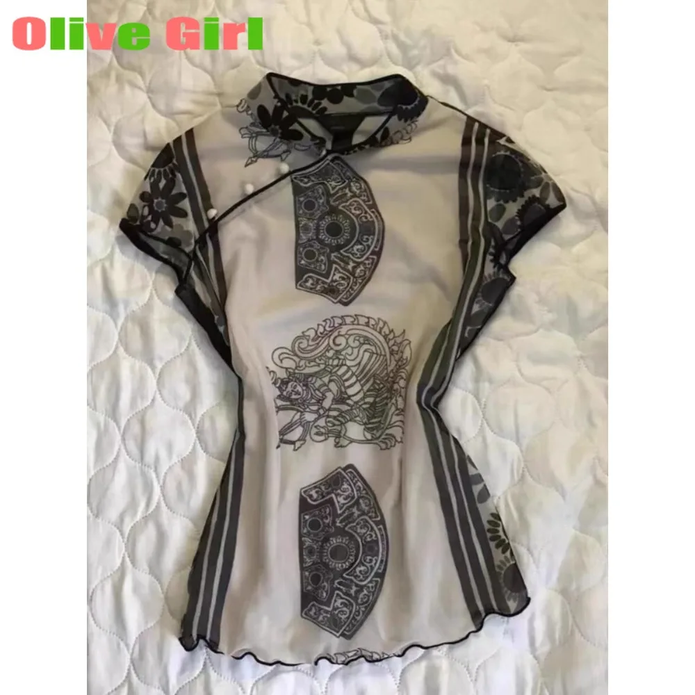 

Рубашка Cheongsam Традиционная китайская одежда Элегантный и высококачественный темпераментный улучшенный топ Cheongsam с принтом и завязкой на талии