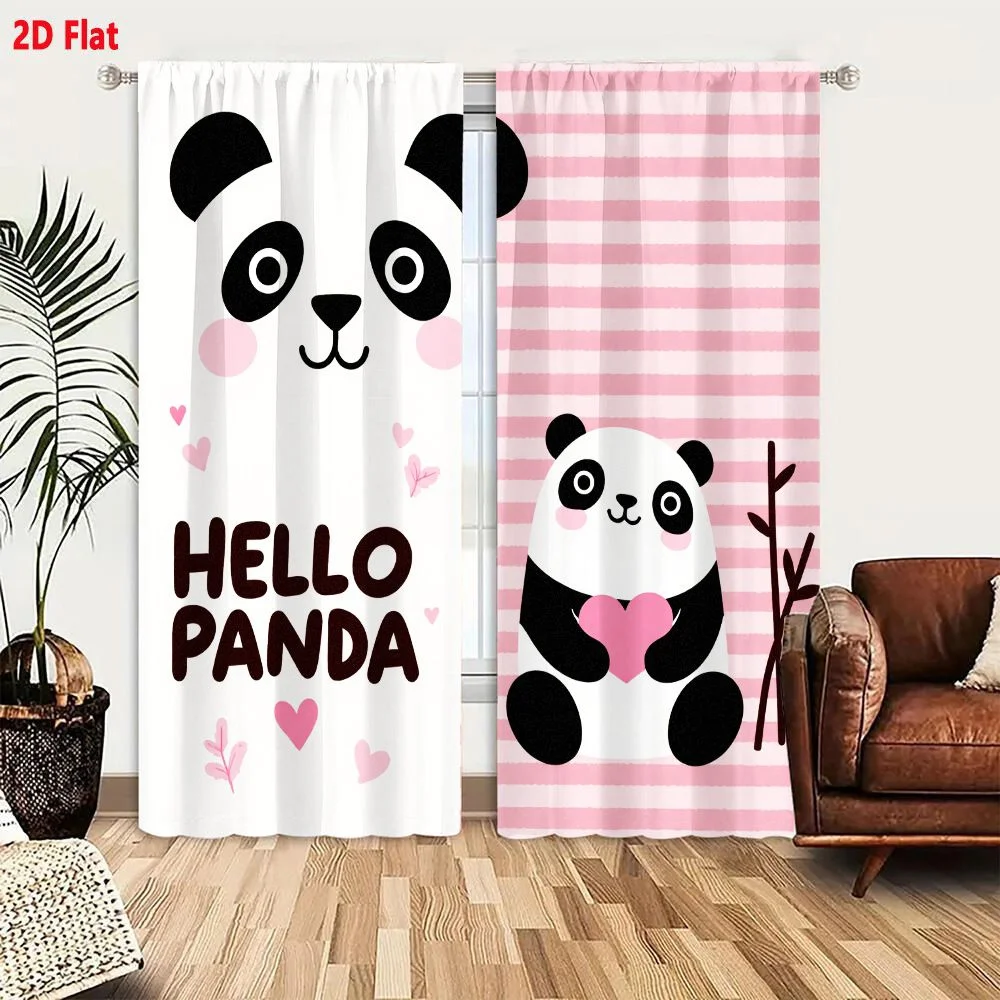 2Pcs Curtains 2D Flat Cute Pastel Colored Panda Illustration With Hello Panda Text And Hearts Leaves For Whimsical Cheerful Desi