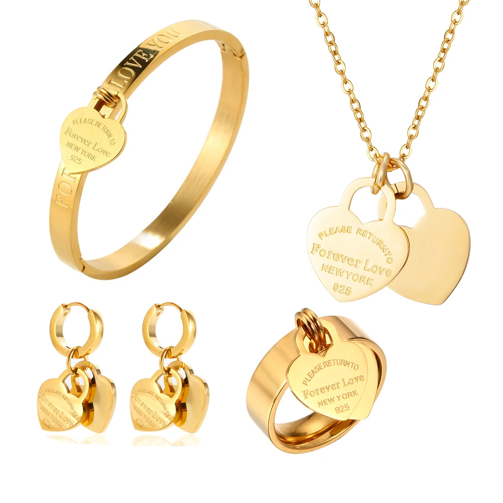 JINHUI Stainless Steel Heart Pendant Set Fashion Bangles Necklace Earrings Love Charm Gold Color Waterproof Jewellery Gift