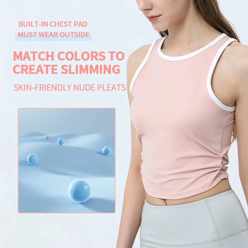 Peach color contrast slimming yoga tank top for women running anti sports underwear, fitness pleated top with chest pad