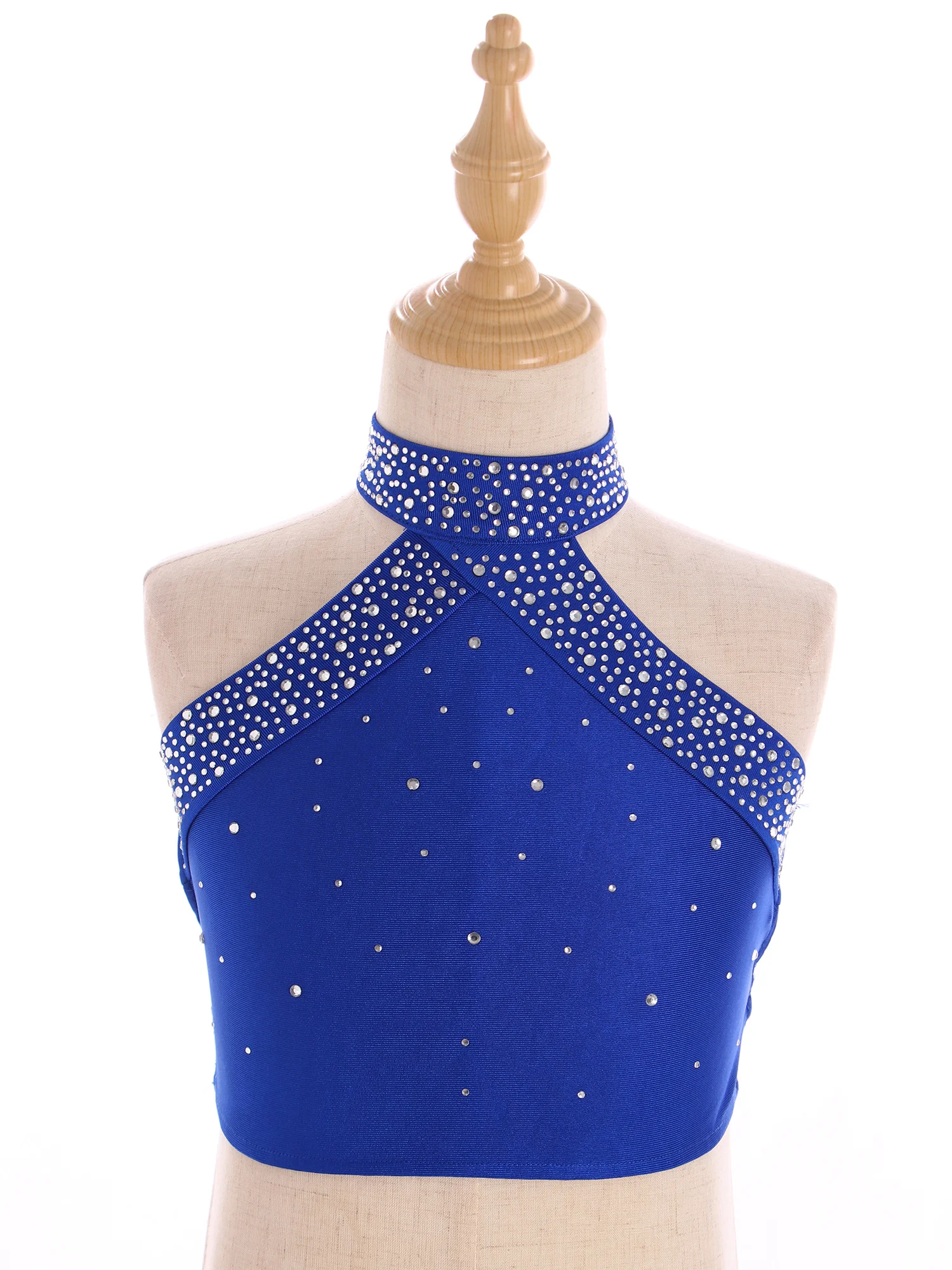 Kids Girls Ballet Lyrical Modern Dance Crop Top Sleeveless Rhinestones Halter-Neck Cross Back Tank Tops Performance Dancewear