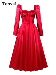 Tonval Sweetheart Neck Red Elegant Banquet Formal Dresses for Women Spring Lace-Up Back Evening Party Vintage Long Dress