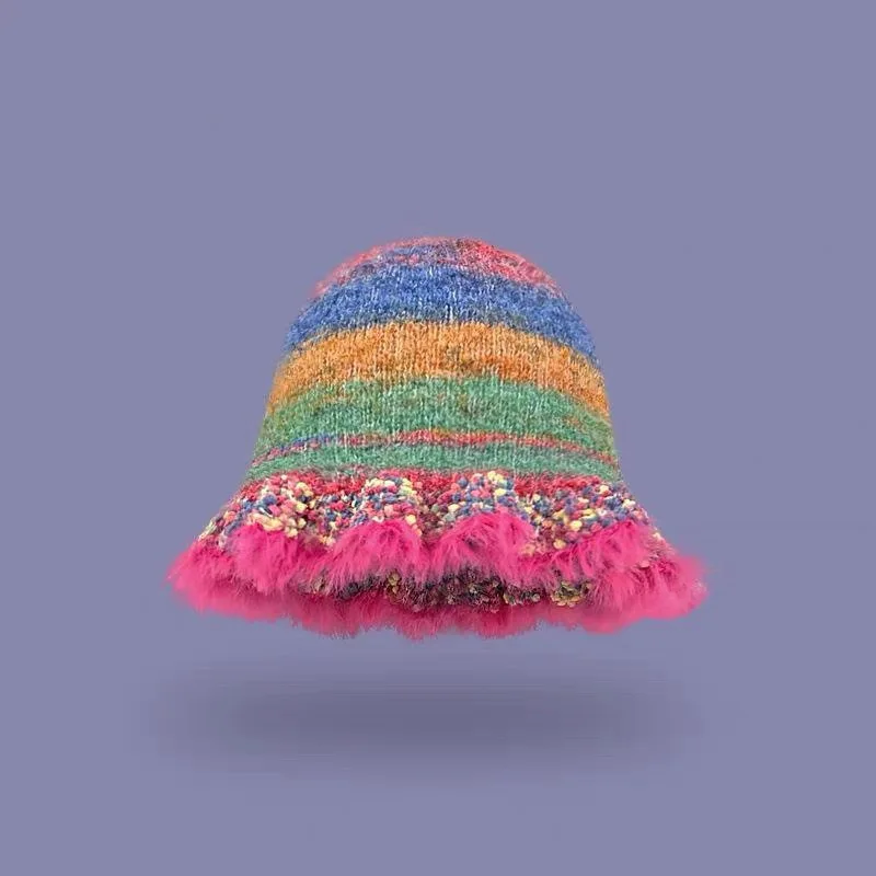 Rainbow Striped Oil Painting Knitted Hat Women Fall Winter Warm Floundered Fisherman Cap Basin Fashion Outdoor M567