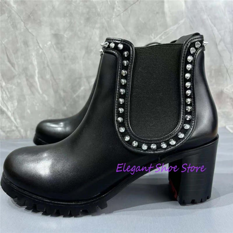 

Black 8cm Chunky Heel Women's Ankle Boots Rivets Genuine Leather Round Toe Slip On High Heels Spring Autumn New High Top Shoes