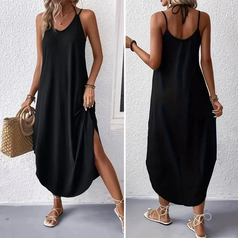 Lightweight Women Dress Stylish V Neck Irregular Hem Midi Dress for Beach Parties Vacations Double Spaghetti Straps Backless