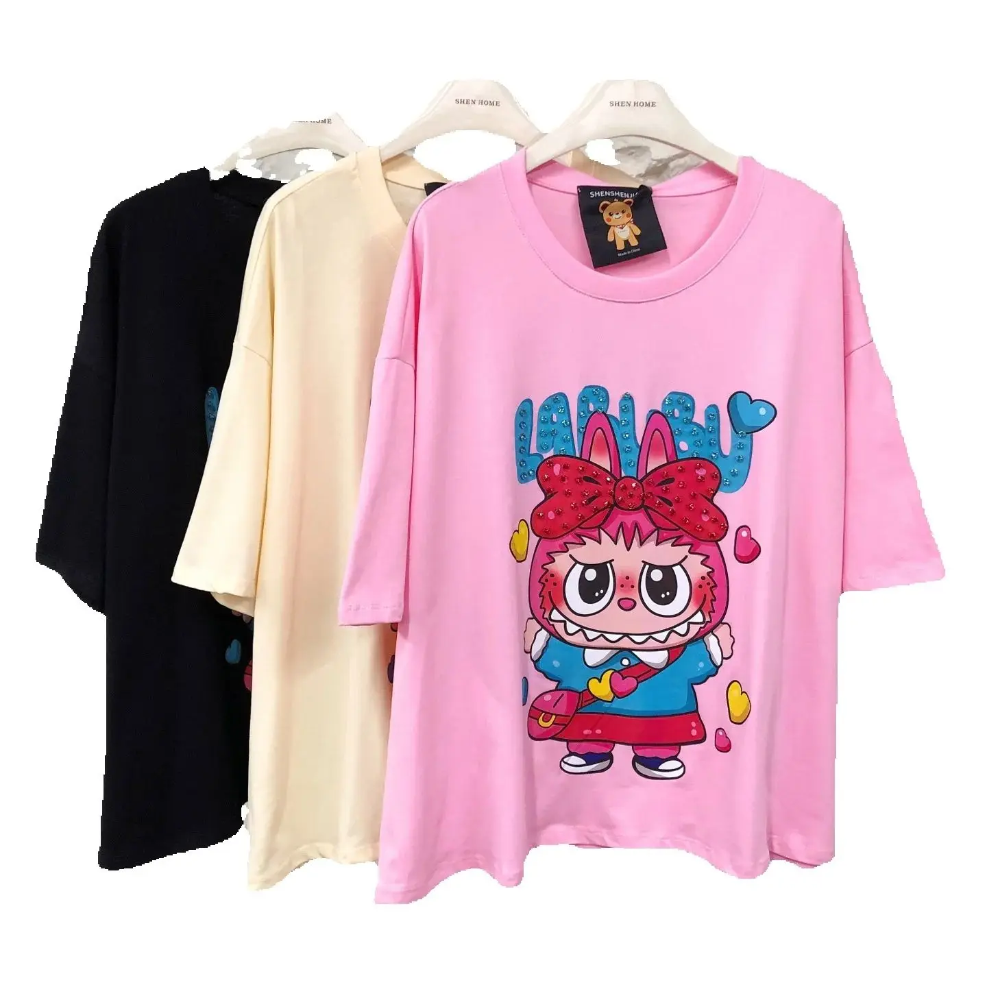 

Oversize Women T-shirt 2025 New Summer All-match Round Neck Pullover Top Fashion Cartoon Printed Beads Casual Short Sleeve Tees