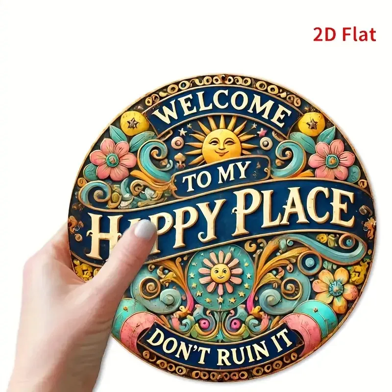 طباعة مسطحة ثنائية الأبعاد، 8 × 8 بوصات، مرحبًا بك في علامة معدنية مستديرة My Happy Place - متينة وسهلة التعليق لتزيين غرف النوم